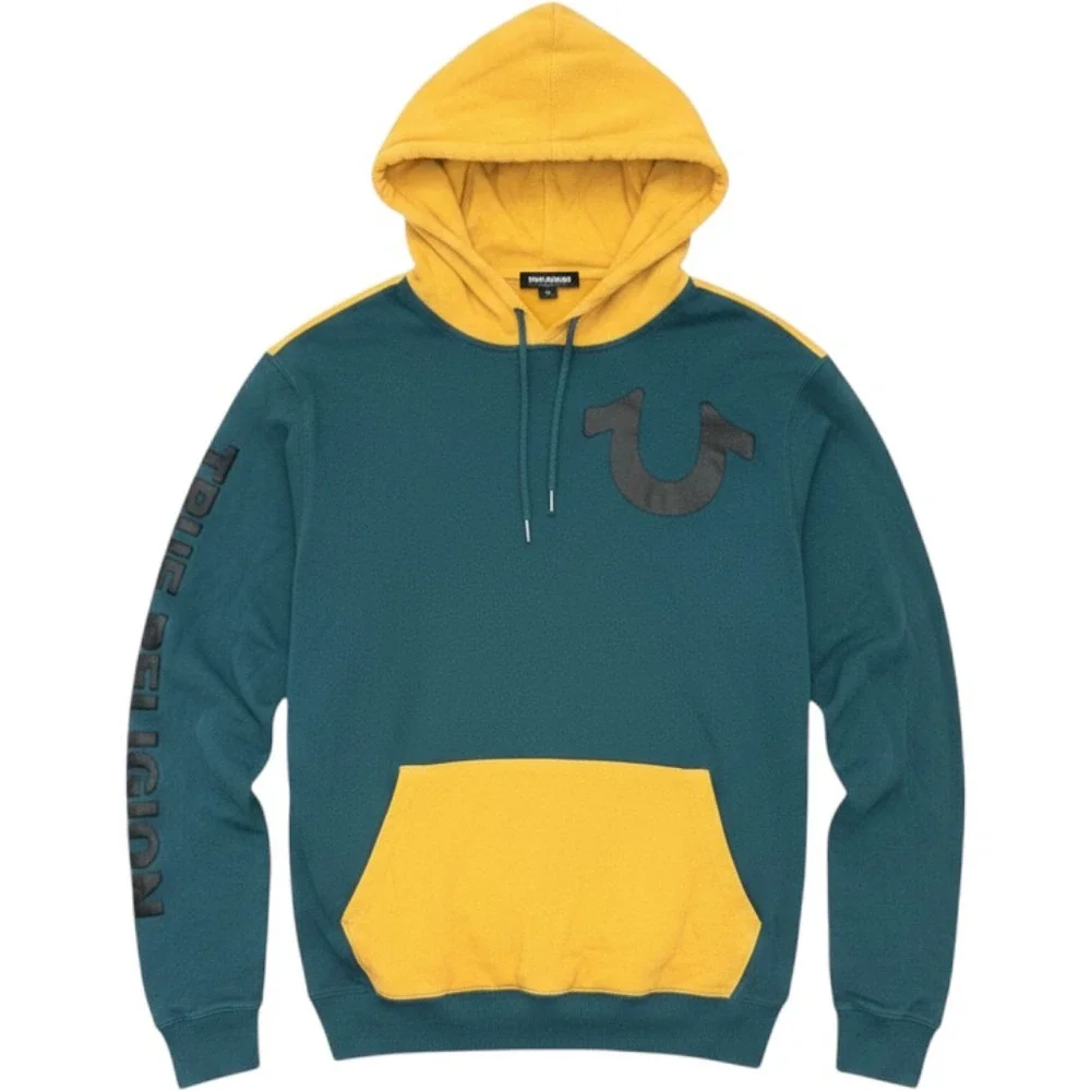 True Religion Hoodie Mens 2XL Teal Yellow Colorblock Pullover Sweatshirt Logo